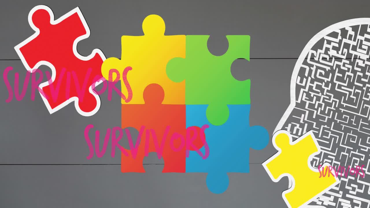 Animation of survivors text over puzzle and head