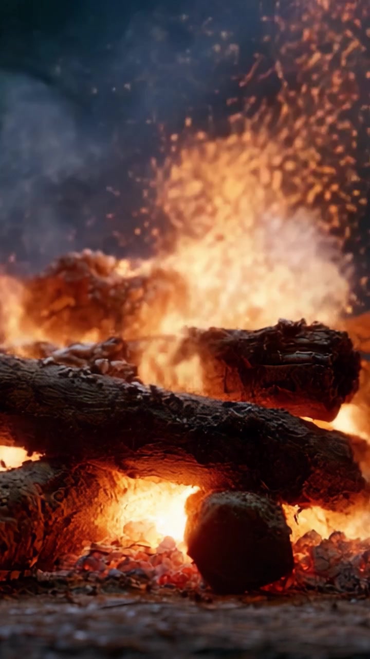 Fesselnde Nahaufnahme eines lodernden Lagerfeuers: Tanzende Flammen und fliegende Funken inmitten glühender Holzscheite schaffen eine bezaubernde Atmosphäre