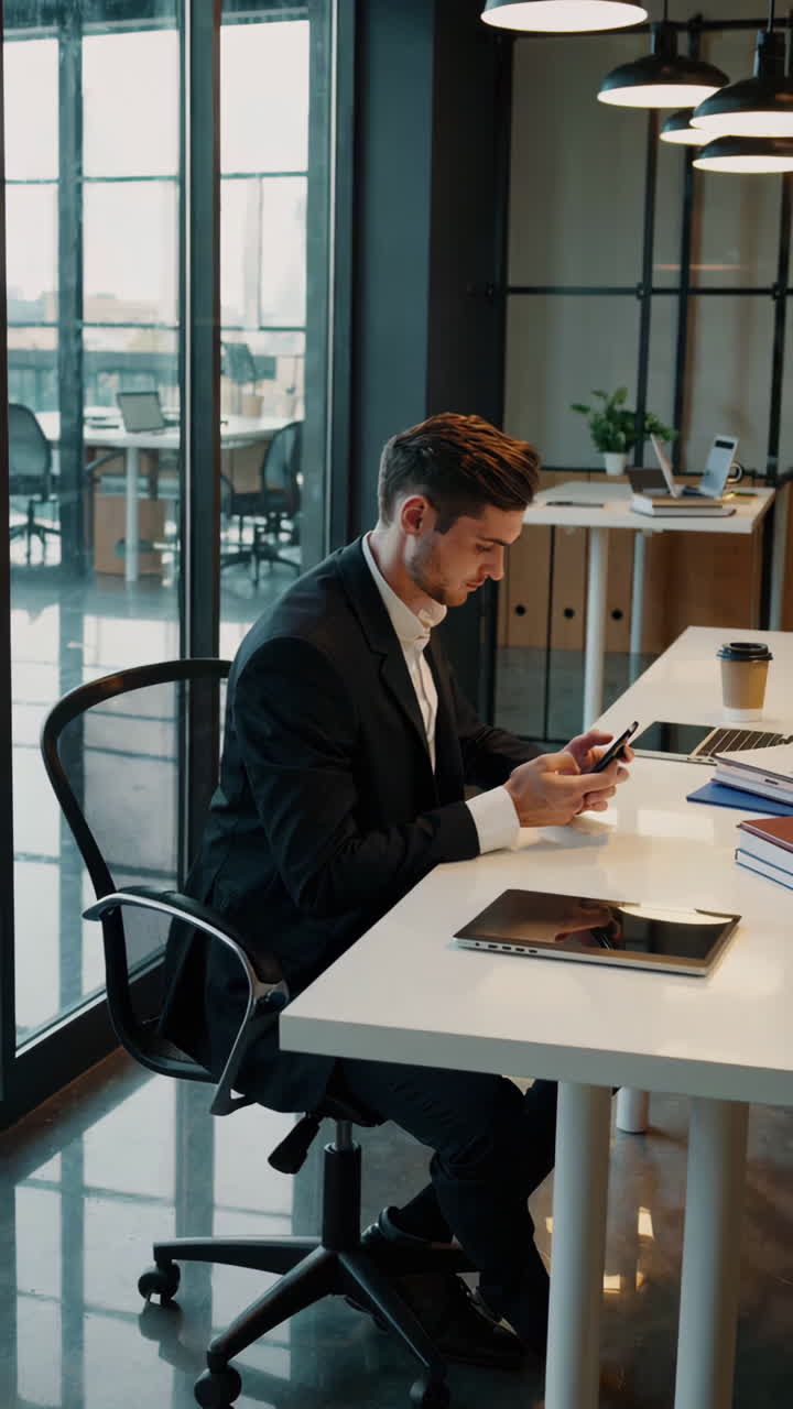 Uomo d'affari che utilizza smartphone in ufficio moderno