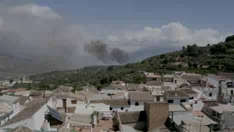 forest fire smoking on the edge of a village with buildings and olive groves