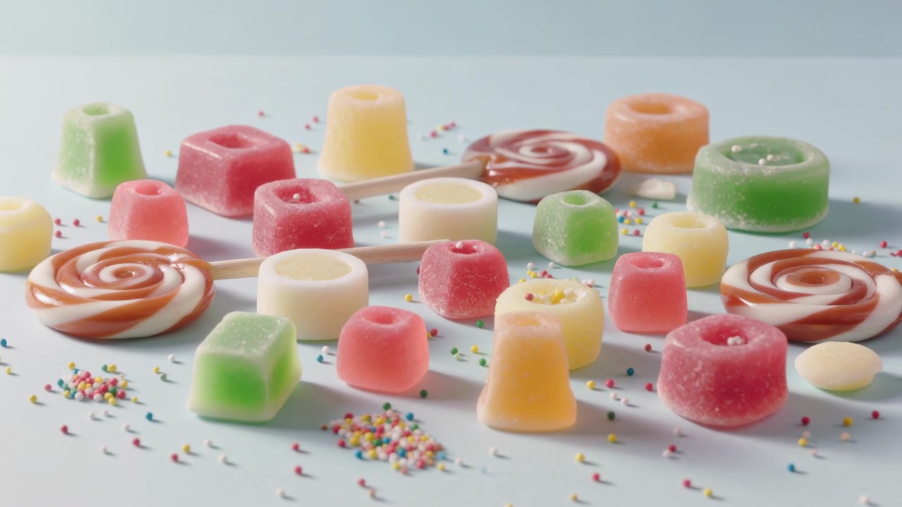 Kamerayı çekerek soluk mavi bir masa tablasındaki pastel şekerlemeler üzerindeki şeker dokusunu ortaya çıkarıyor, lolipopları gösteriyor.