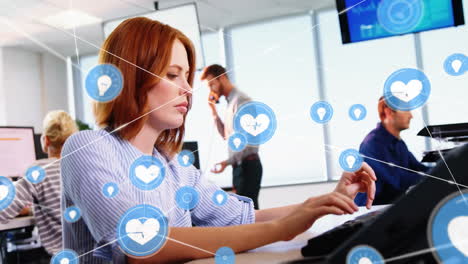 animation of network of connections with heart icons over diverse business people in office