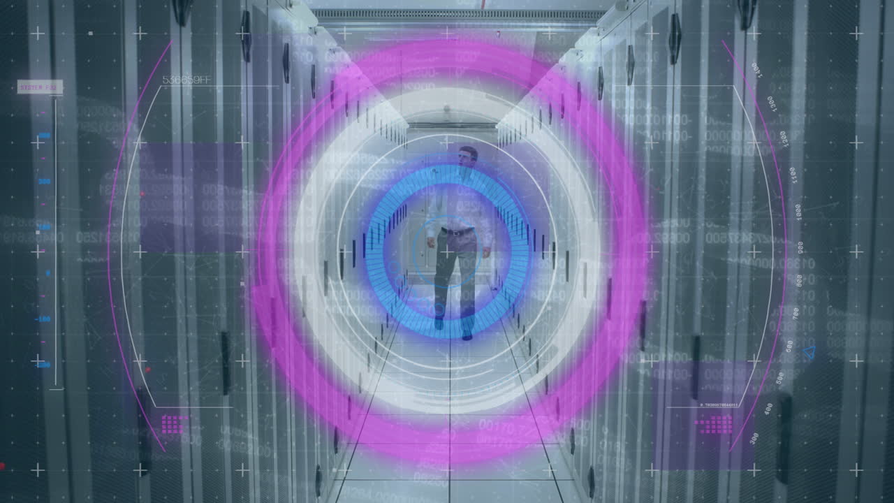 Animation of scope scanning over man checking computer servers in background
