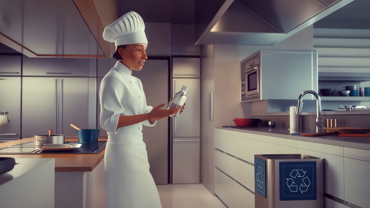 Chef in a kitchen recycling a glass bottle