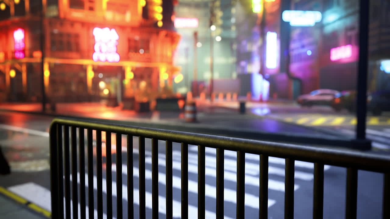City street at night with neon lights and rain soaked pavement