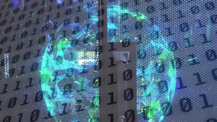 Animation of binary code and globe over servers