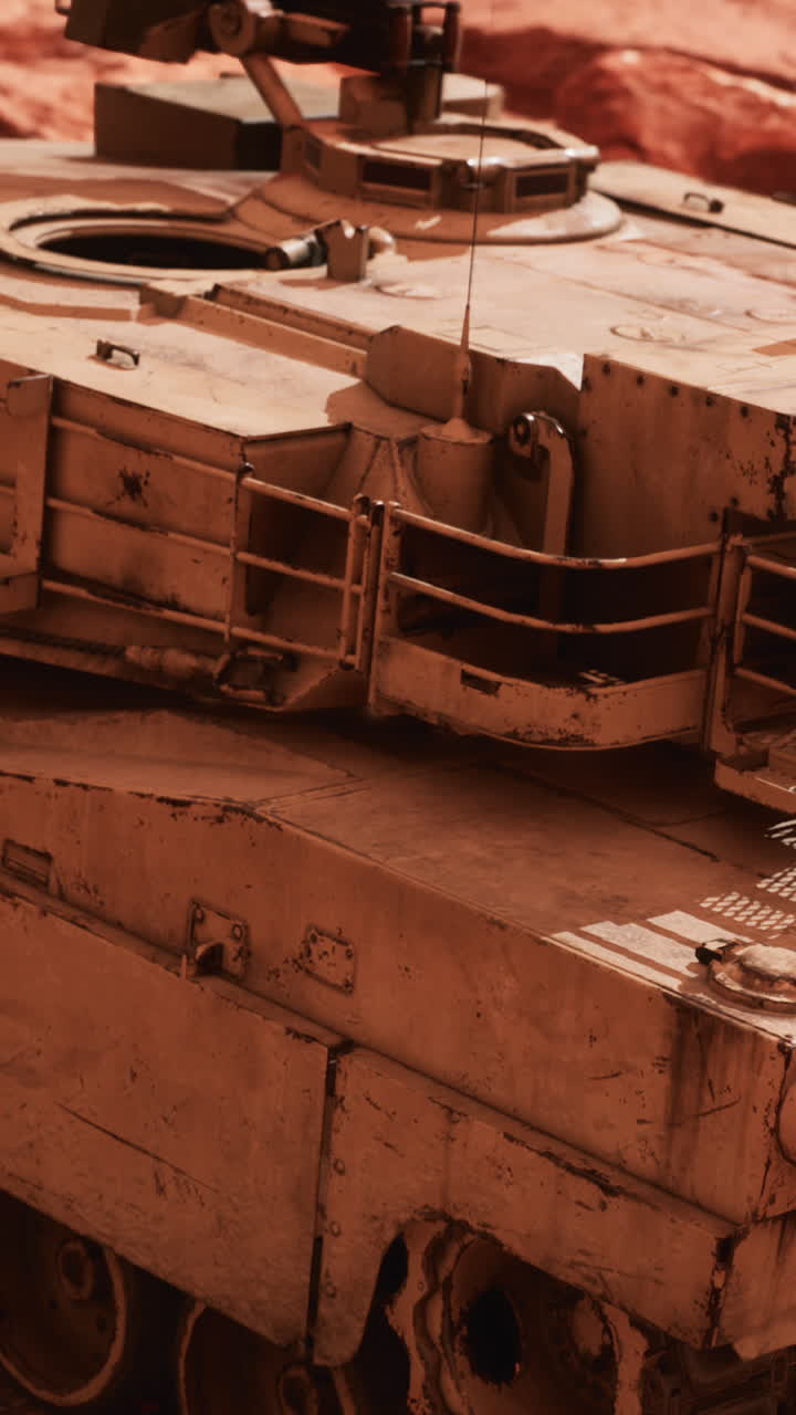 Primo Piano di un Carro Armato in un Ambiente Desertico