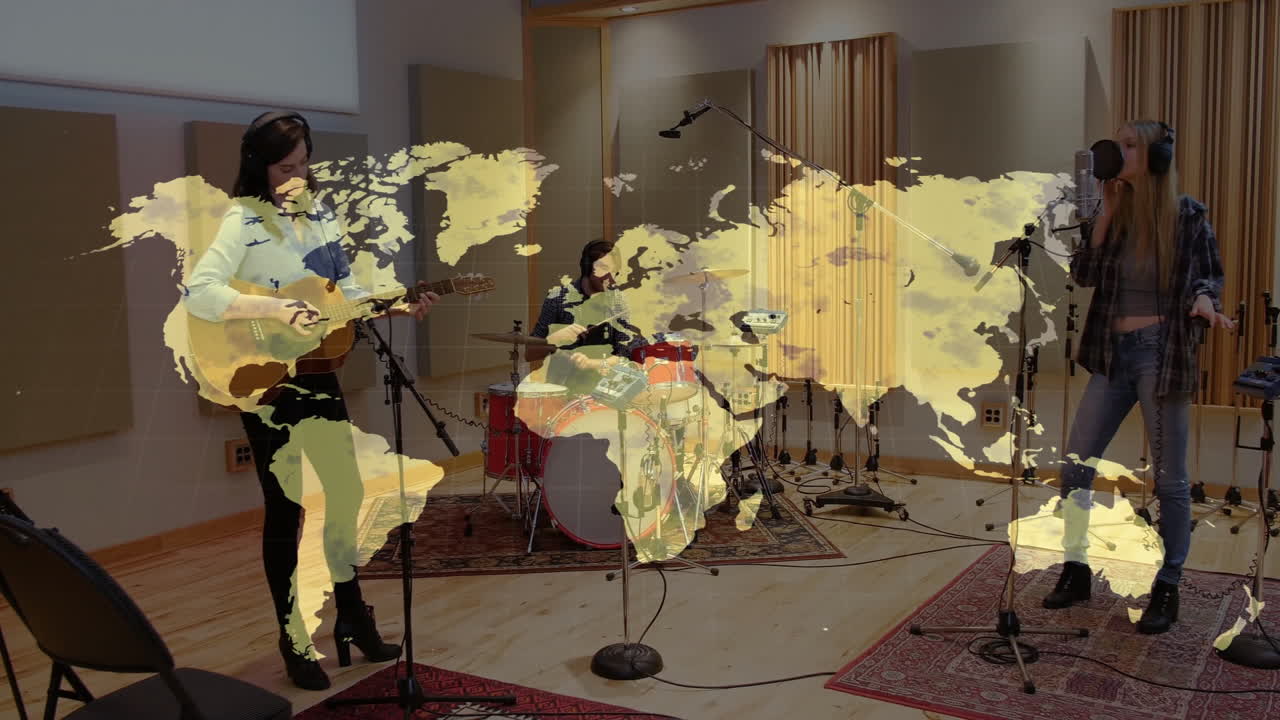 Guitarist strumming guitar, drummer playing kit, vocalist singing in studio, with animated meters