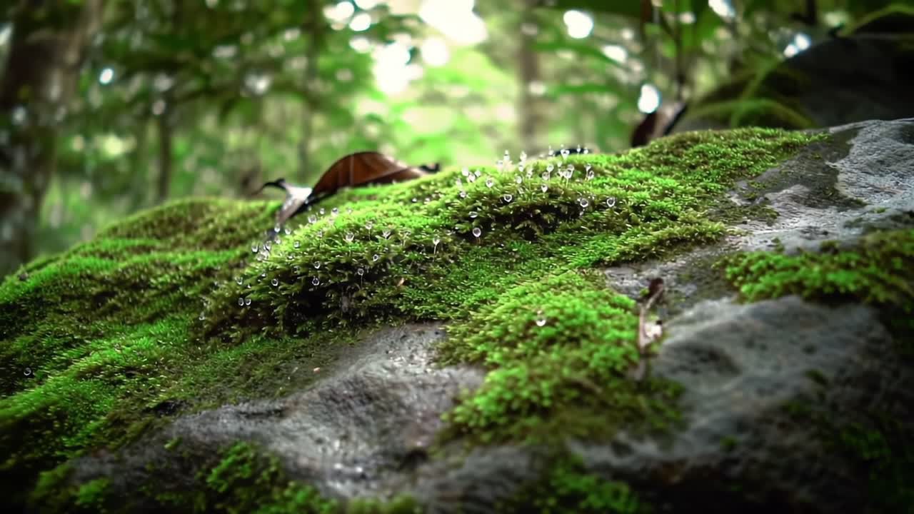 Un'esplorazione ravvicinata di muschio verde lussureggiante e gocce di pioggia su una roccia in una vivace cornice forestale, catturando la bellezza intricata della natura e la sua serenità.