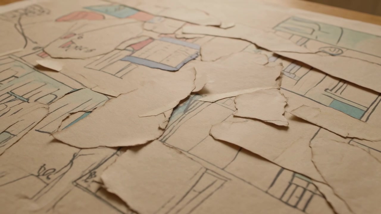 Panning camera showing torn paper collage over building sketch on table, exposing blue red fills