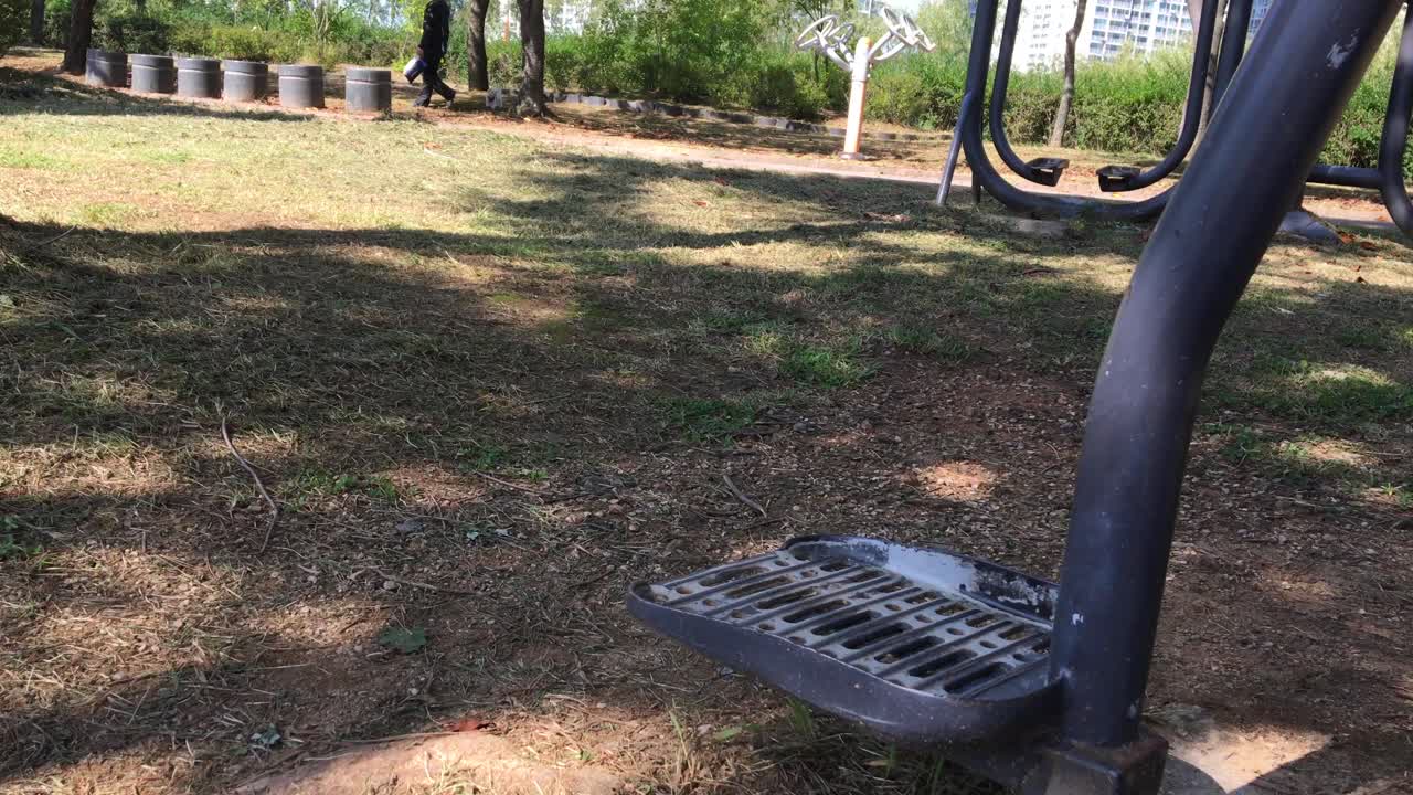 un columpio se mueve y un hombre pasea a un perro en el parque hosu, ansan, sangnok, gyeonggi-do, corea del sur