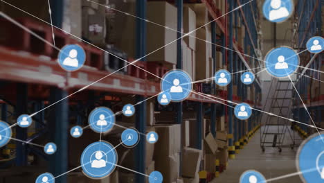 animation of network of people icons over goods on shelves at storage warehouse