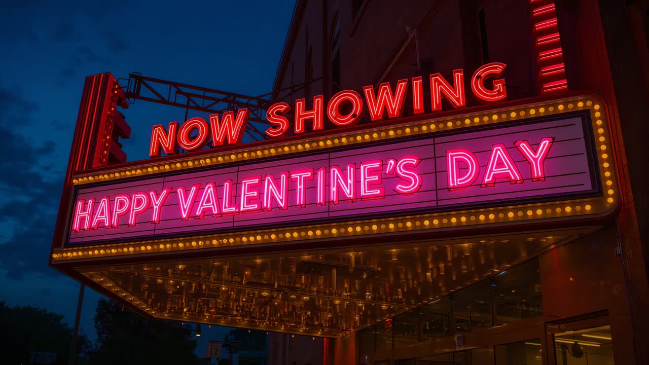Chuỗi bắt đầu, đèn nhấp nháy неоновый phát sáng lúc hoàng hôn, hiển thị CHÚC MỪNG NGÀY VALENTINE, các bóng đèn phản chiếu