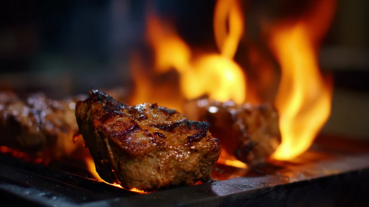 Sizzling Meat Grilling Over Intense Flames: A Close-Up Look at Juicy Cuts Cooking on a Barbecue Grill, Capturing the Mouthwatering Char and Flavor Infusion of the Grilling Process