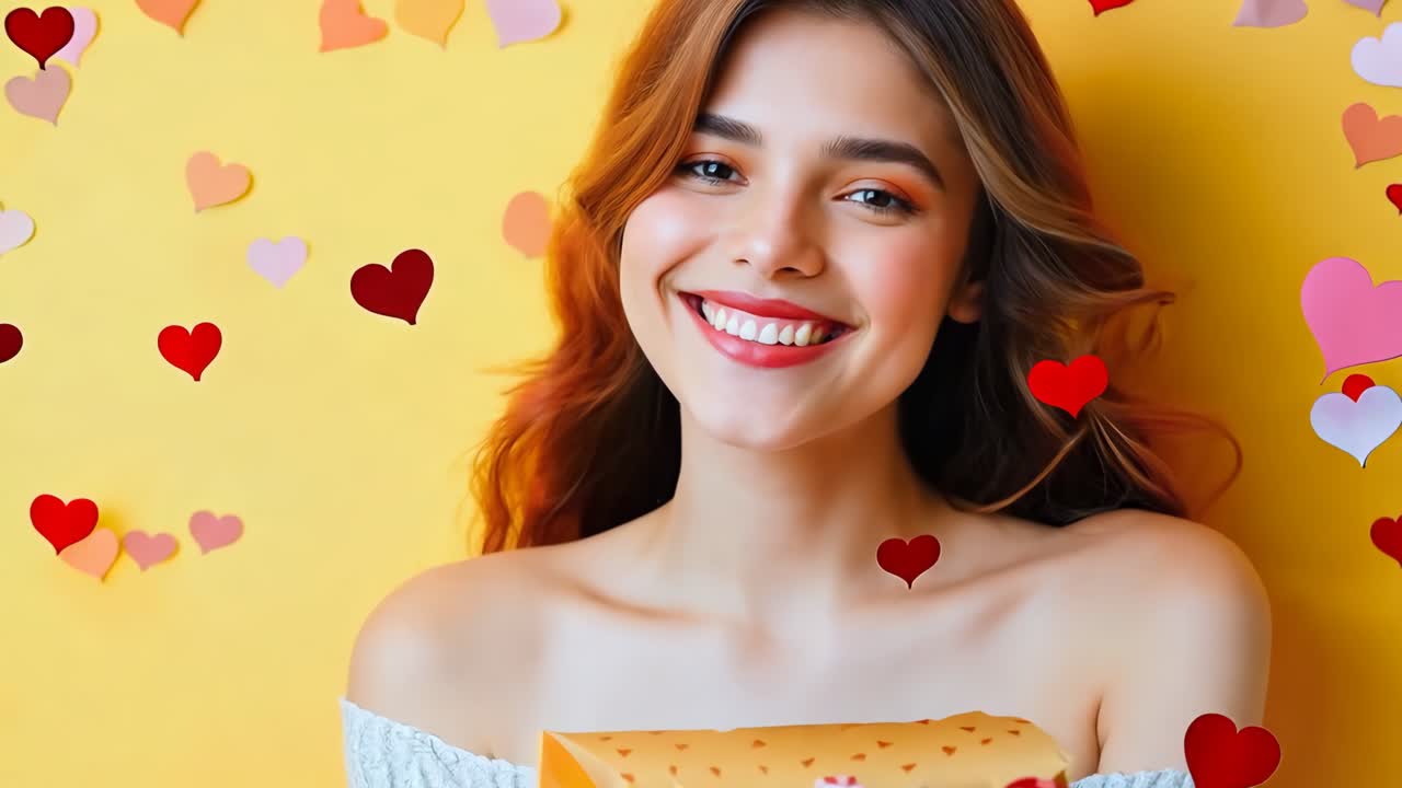 심장 이 있는 노란색 배경 앞 에 선물 을 들고 있는 여자