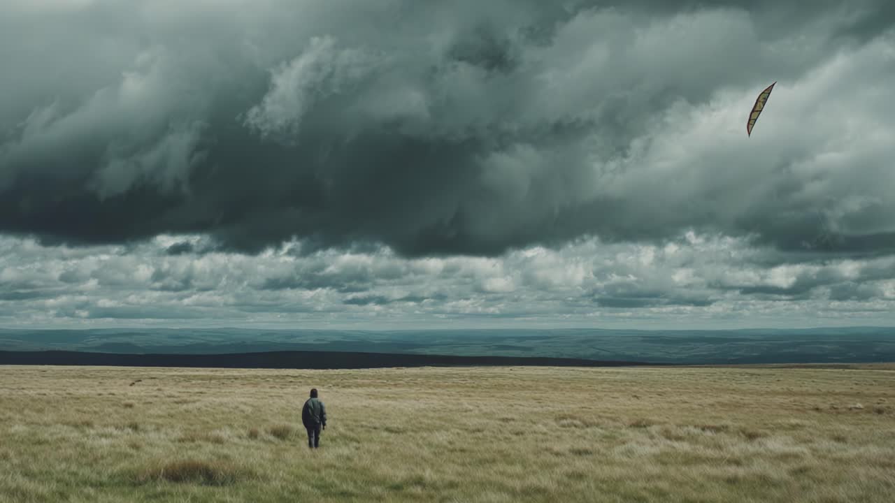A Solitary Figure in a Vast Landscape Beneath Dramatic Clouds, Gazing Up at a Floating Object, Capturing the Essence of Isolation and Nature's Grandeur