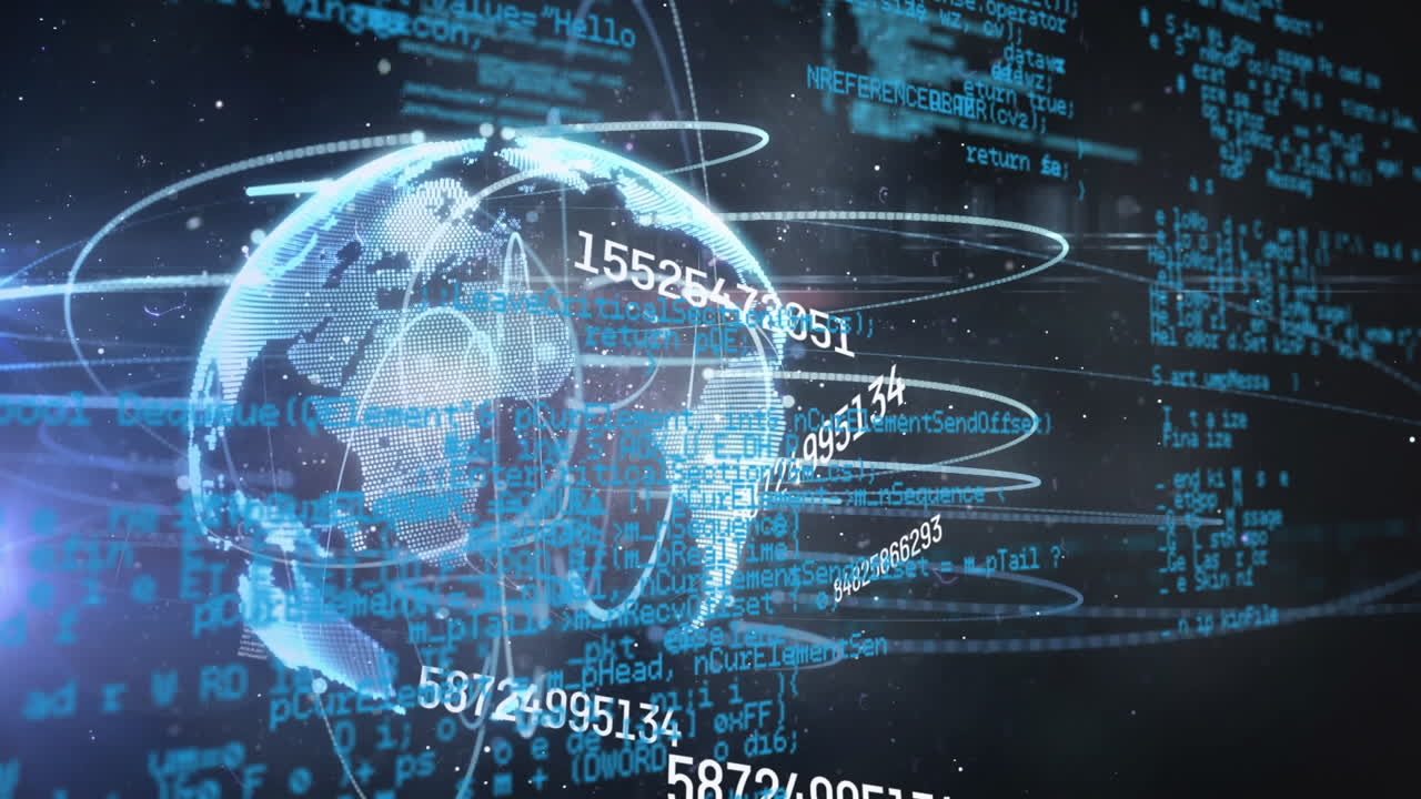 Animation of changing numbers and light trails over spinning globe and data processing