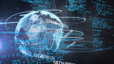 animation of changing numbers and light trails over spinning globe and data processing
