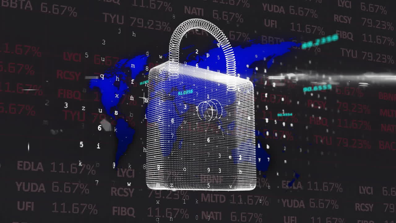 animación de un candado, letras, números, símbolos, tablero de negociación y mapa sobre un fondo negro