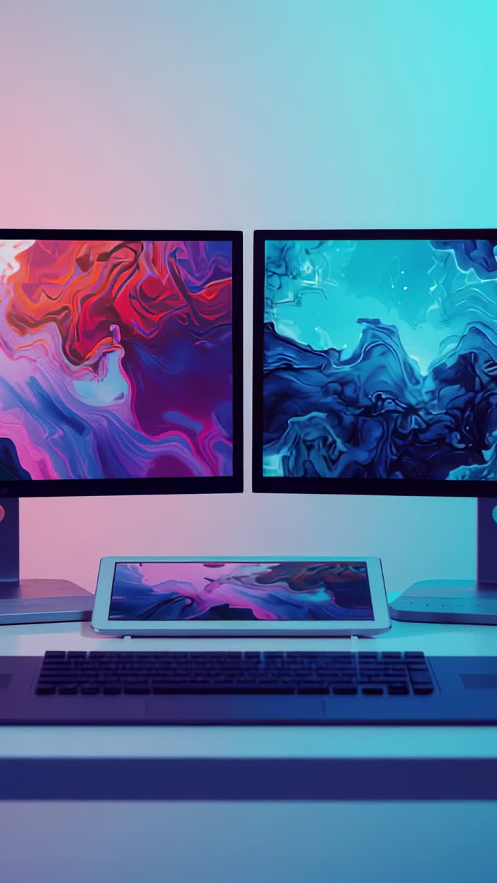 Vertical video: Powering on two monitors displaying swirls on desk highlighting ambient lighting