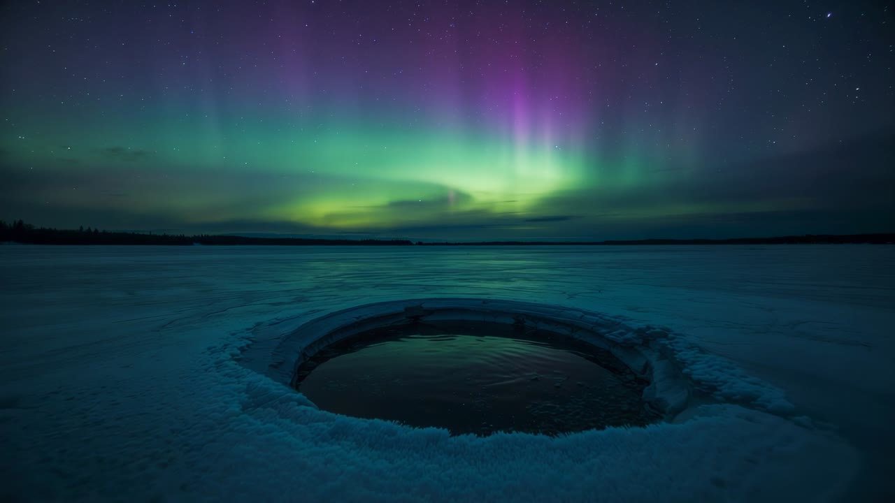 Glowing low green horizon initiating aurora brightening over frozen lake, ice hole reflecting