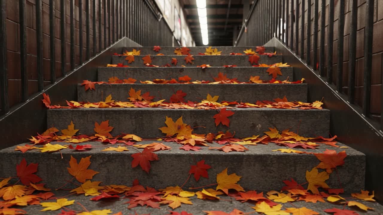 A Serene Walk Through Autumn: Captivating Staircase Adorned with Vibrant Leaves in Various Shades of Red, Orange, and Yellow, Creating a Picturesque Fall Ambiance