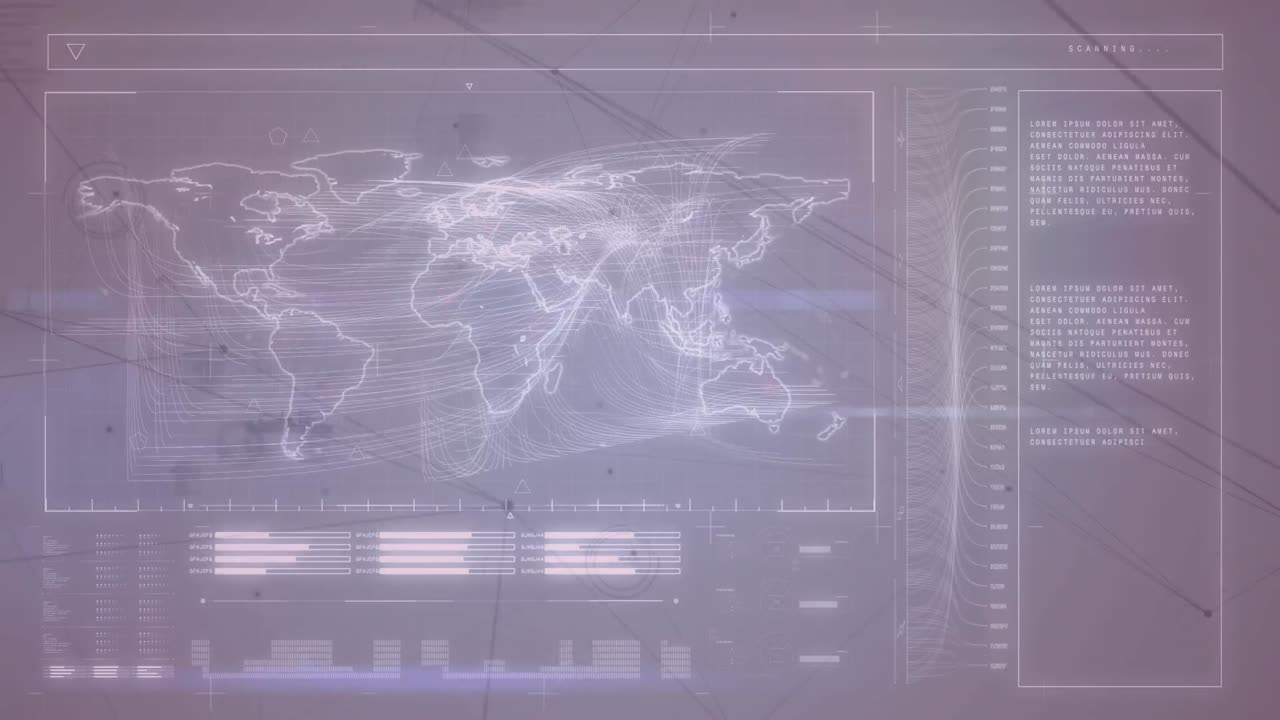 animación de conexiones y procesamiento de datos en pantalla digital con mapa del mundo