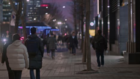 south korea seoul gangnam night city town urban street walking view with people, and flag in the night neon lights