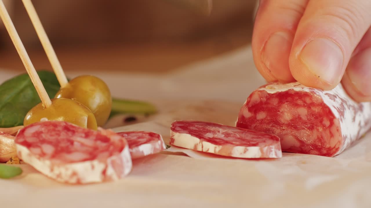 Mix of spanish pork sausages, Cutting board of appetizing catalonian snack - fuet, jamon, chorizo, olives, supermarket tapas food in spain, traditional cuisine.