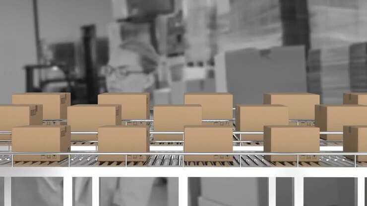 Animation of boxes on conveyor belt over caucasian woman in warehouse