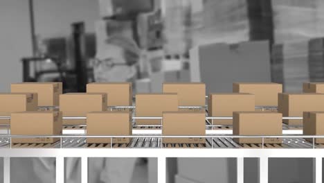 Animation-of-boxes-on-conveyor-belt-over-caucasian-woman-in-warehouse