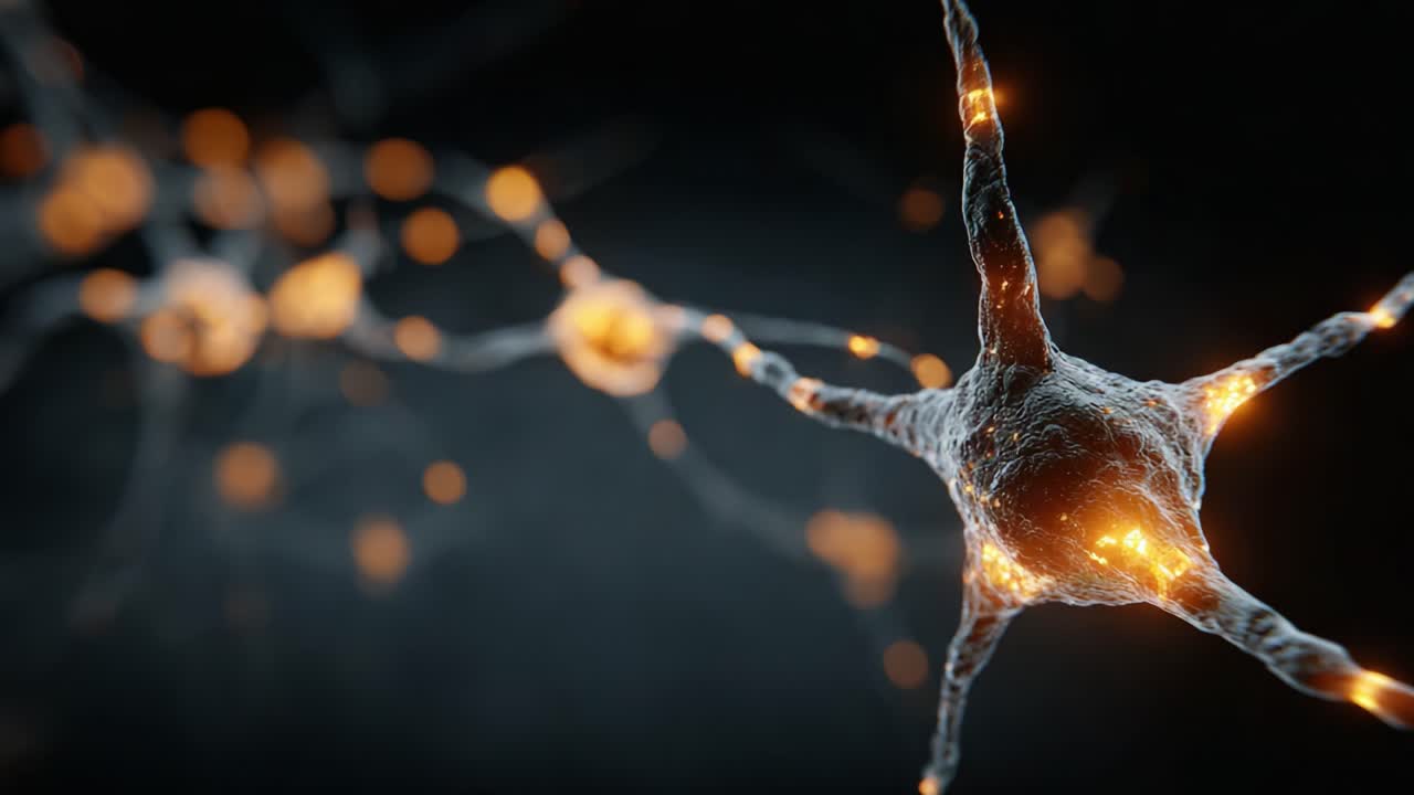 Close-Up Visualization of Neurons Featuring Neon Glow Effects, Illustrating Neural Connections and Brain Activity in a Sci-Fi Aesthetic