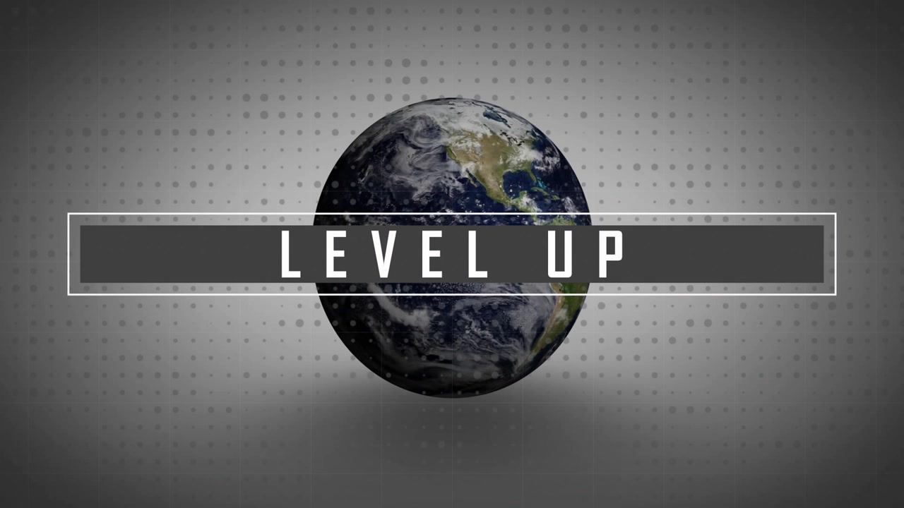 Glitch sweeping in, 3D globe rotating, forming LEVEL UP frame emphasizing message then shattering
