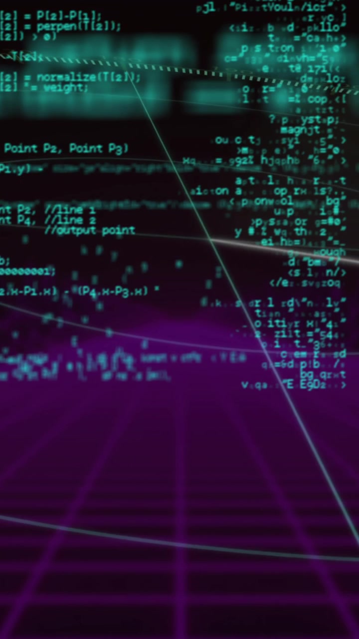 Digital code and data processing animation over purple grid landscape