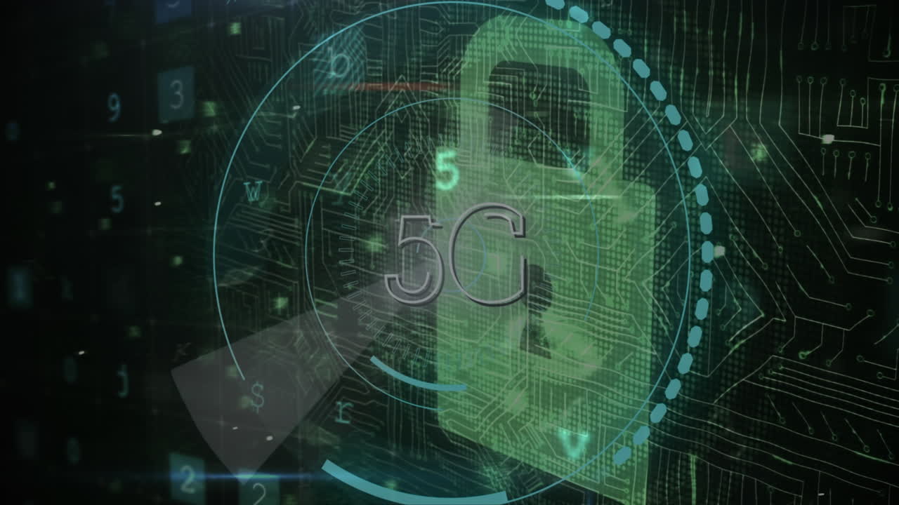 Animation of 5g, warning data processing, online security padlock and circuit board