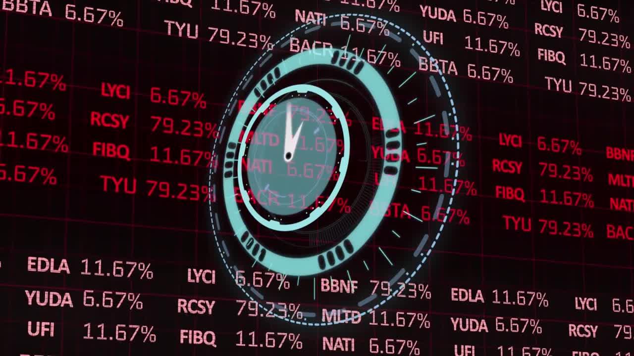 Animation of clock with rotating hands over financial shares information interface