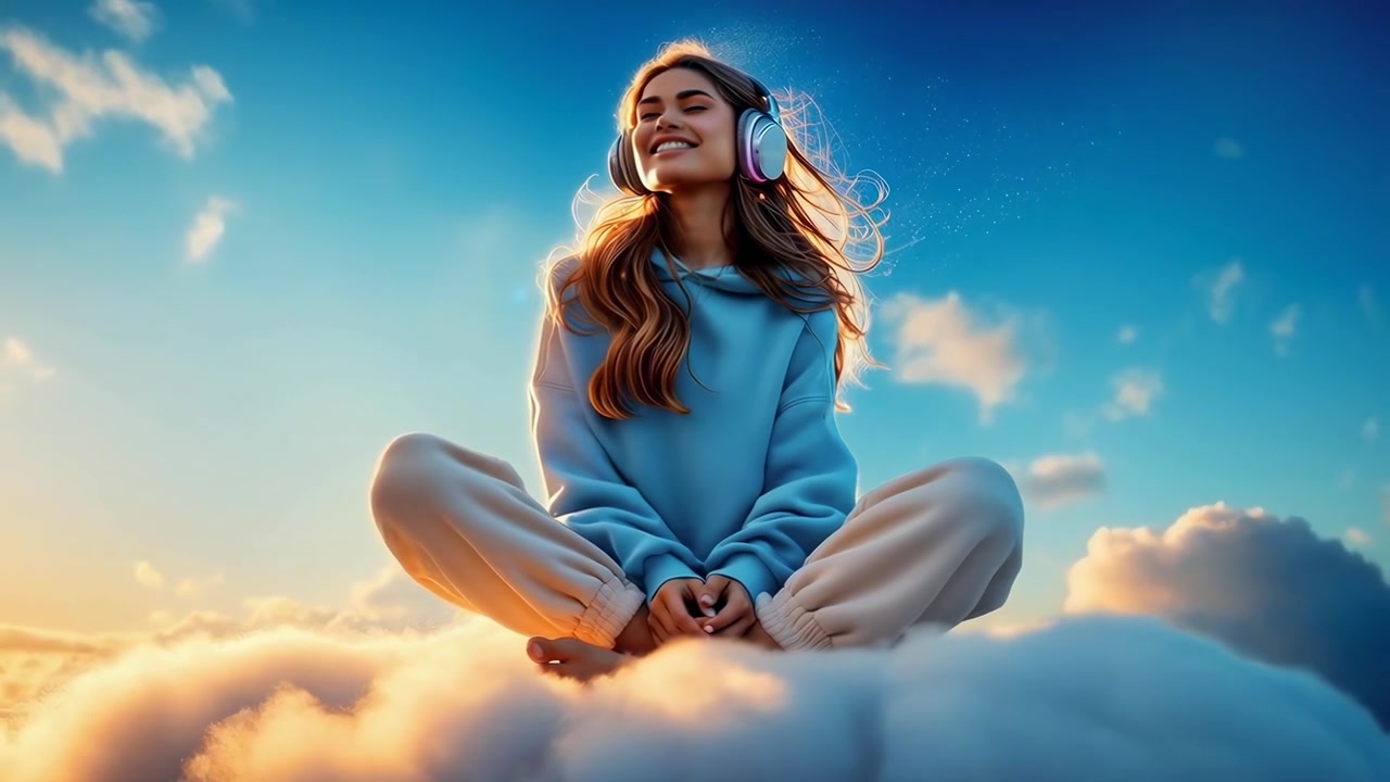 Jonge Vrouw Ontspannen en Luisterend naar Muziek op Wolken bij Zonsondergang