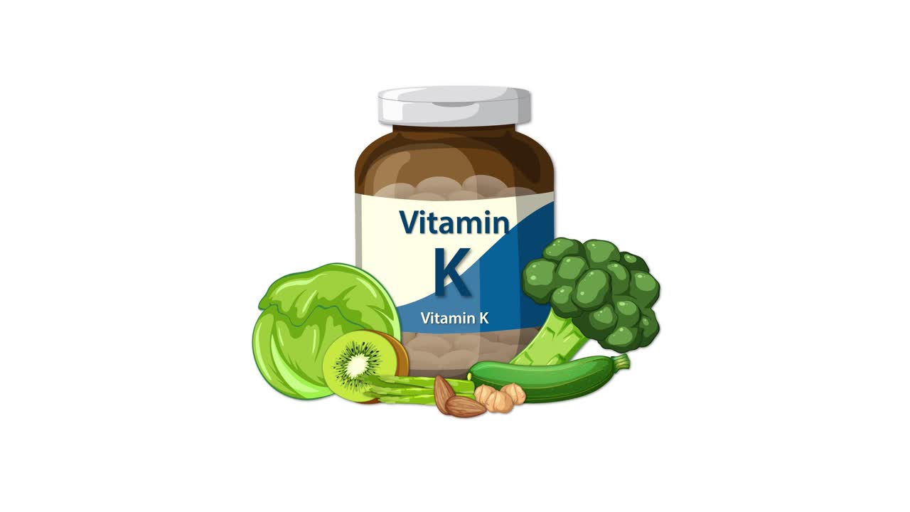Vitamin K bottle appears with broccoli, lettuce, kiwi, nuts on clean white background, smooth transitions
