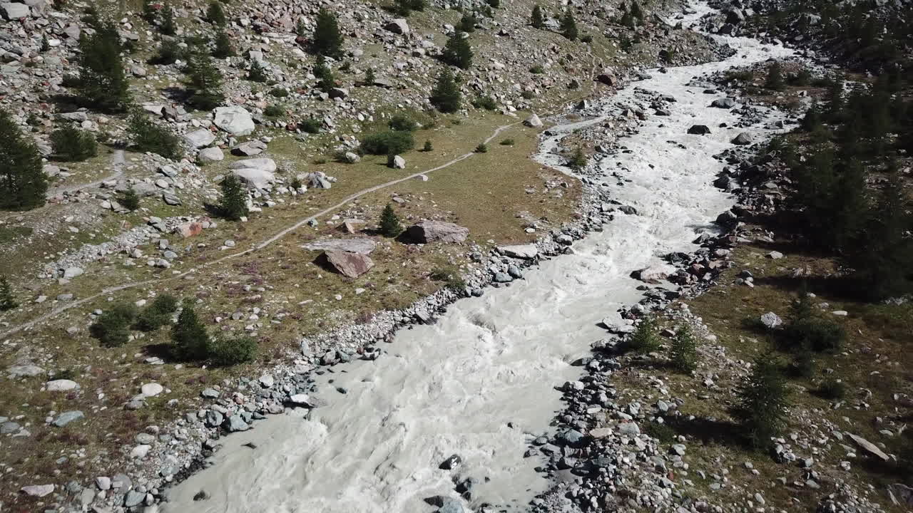 vista de drones de un río de montaña fangoso en un valle rocoso en los alpes suizos, campos de hierba junto al lecho del río