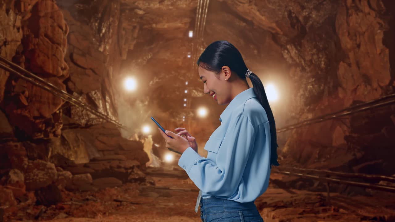 Side View Of Asian Female With Her Smartphone In Underground Mine Tunnel, Checking On Her Smartphone With Meditation