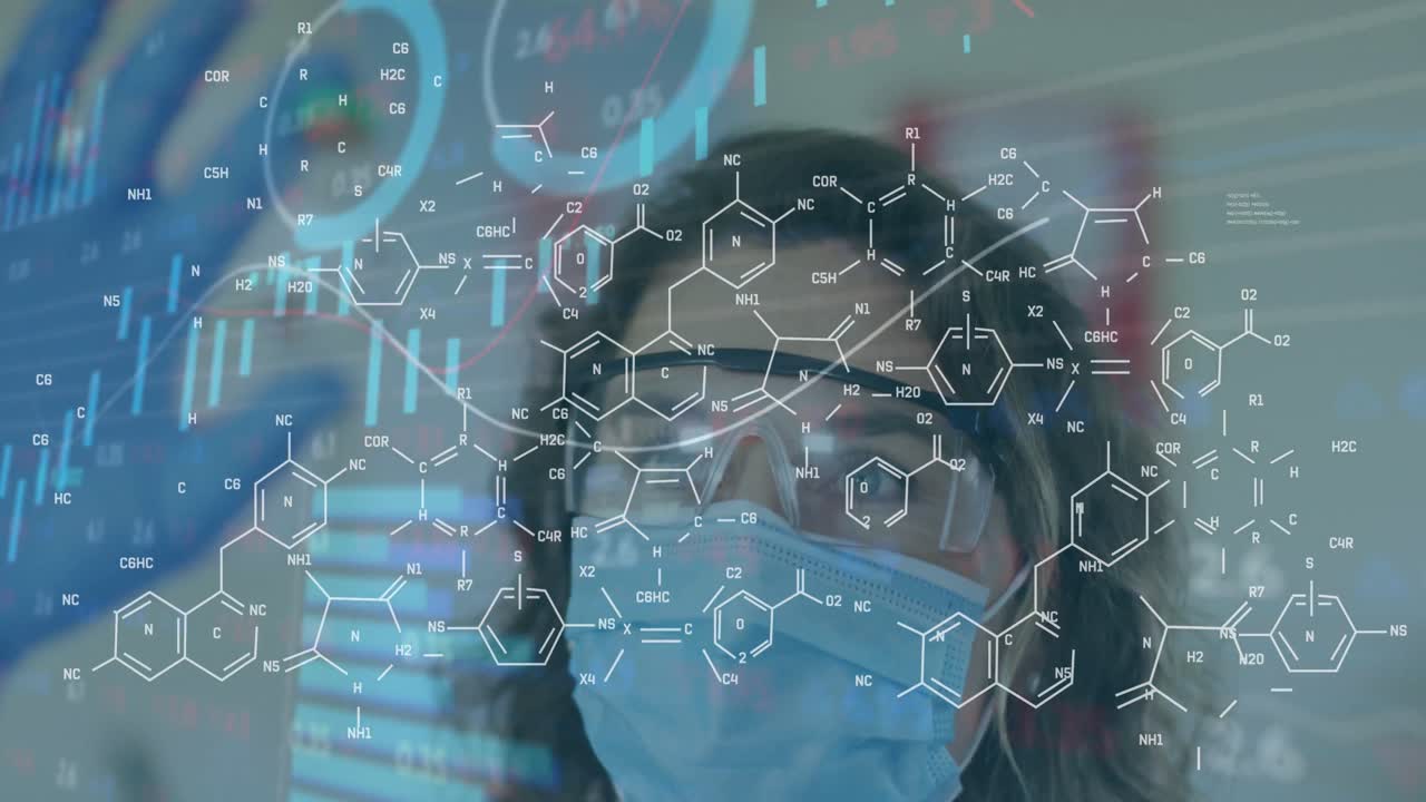 animación de procesamiento de datos sobre la mujer médica caucásica con vial