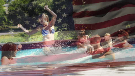 group of friends in a pool and the american flag for fourth of july