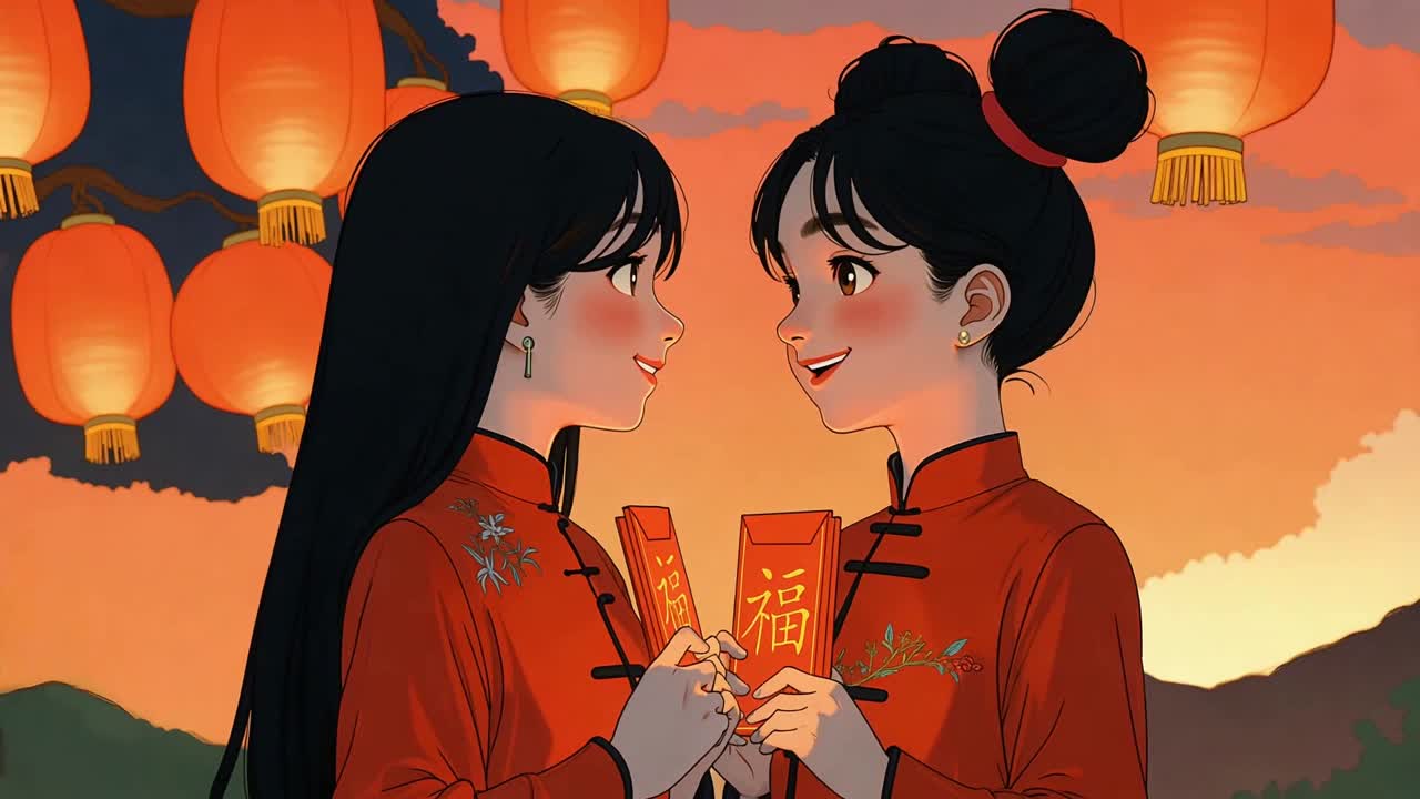 Girls holding lucky red envelopes for the New Year