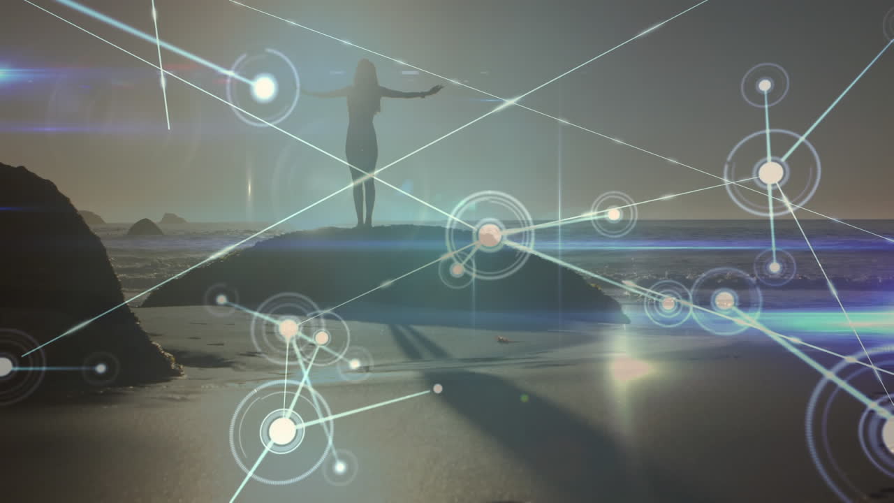 해변에서 요가를 연습하는 백인 여성에 대한 연결 네트워크의 활성화