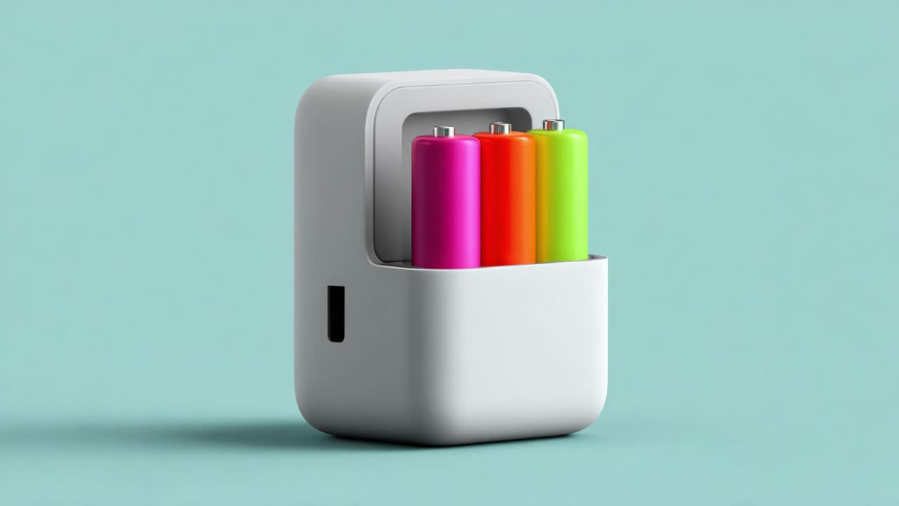A Modern Battery Charger Displaying Colorful Rechargeable Batteries in a Sleek White Design, Perfect for Eco-Friendly Power Solutions and Home Organization