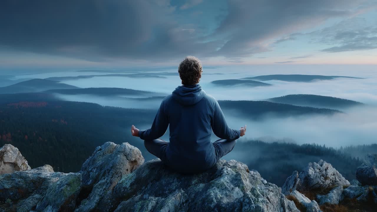 A Serene Moment of Reflection: A Person Meditating on a Rocky Summit Overlooking a Mystical Foggy Landscape at Dawn with a Vast Expanse of Nature