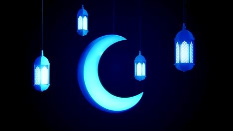 glowing celebration lantern and moon hanging from ceiling on dark background. ramadan kareem islamic motion background. 3d loopable animation.