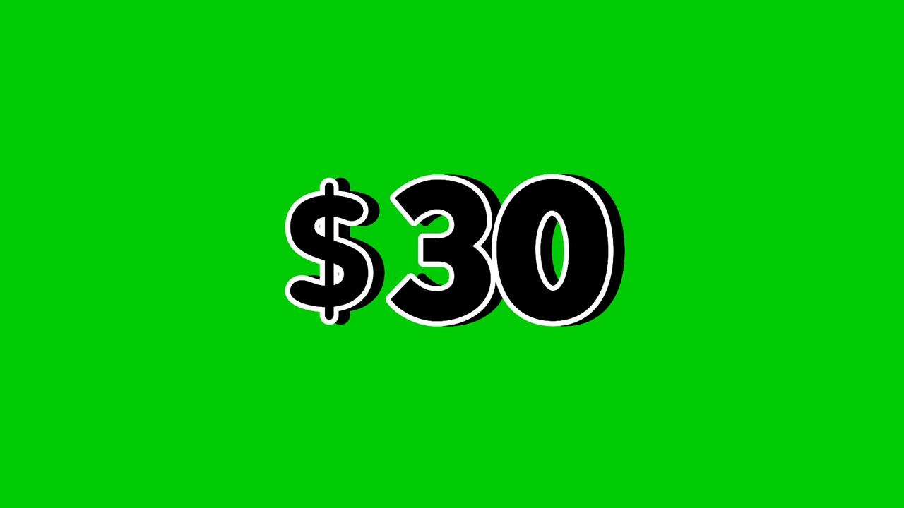 Animations-Preisschild 30 Dollar mit Raucheffekten, Motion Graphics auf grünem Bildschirmhintergrund. Perfekt für Anzeigen, E-Commerce, Einzelhandel, Rabatte und Werbevideo-Elemente für Geschäftskonzepte