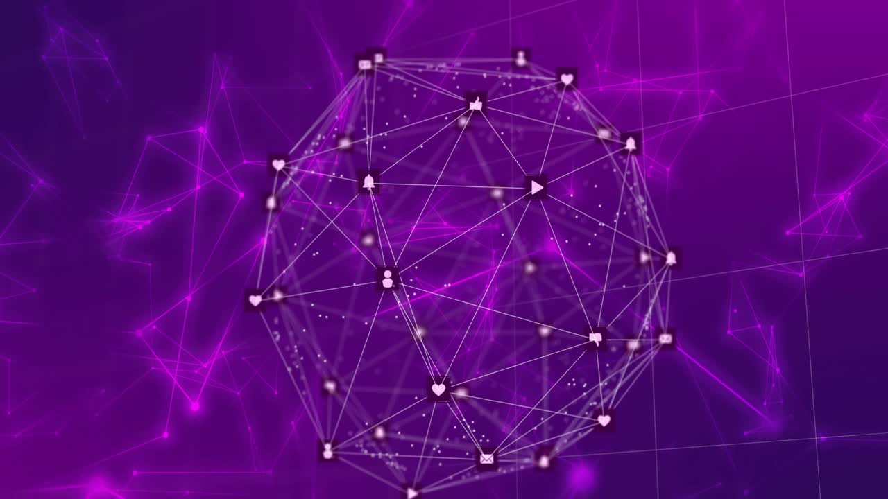 Animation of globe of connections with icons on purple background