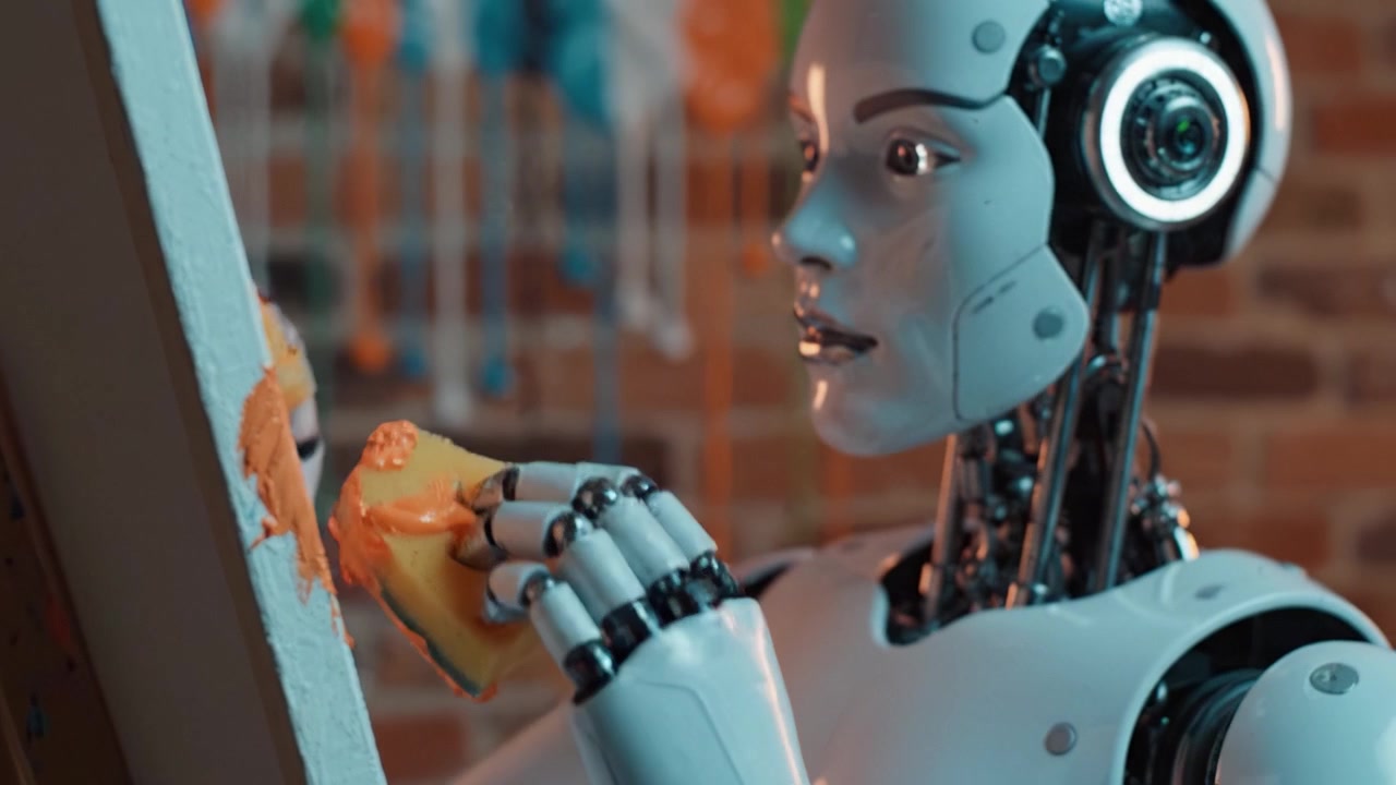 Un artista robótico aplicando meticulosamente pintura sobre un lienzo, mostrando la intersección de la tecnología y la creatividad a través de una expresión artística innovadora